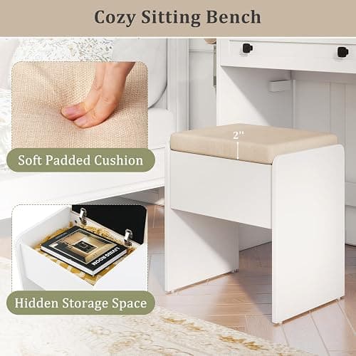 CHARMAID Vanity Desk with Mirror and Lights, Farmhouse Makeup Vanity Desk with 5 Drawers, 3 Shelves, Storage Chair, Charging Station, 42" White Vanity Dressing Table with Stool for Bedroom thumbnail 8