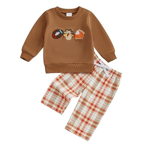 Mobbdow Toddler Baby Boy Thanksgiving Outfit Football Turkey Pumpkin Pie Crewneck Sweatshirt and Plaid Pants Set Fall Clothes - Image 1