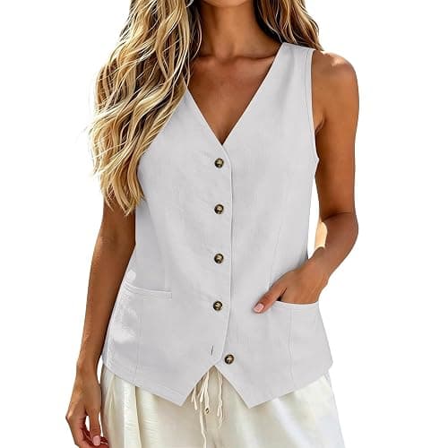 Vest Tops for Women Cotton Linen Button Down Sleeveless Shirts Business Casual Tank Vests 2026 Summer with Pockets - Image 1