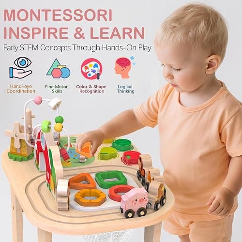 Kids Wooden Farm Activity Table for 1 2 3 Years Old, Montessori Learning Toy with Bead Maze, Shape Sorter & Animal Train, Sensory Development Toy for Toddlers, Educational Gift for Baby Boys Girls 1+ thumbnail 4