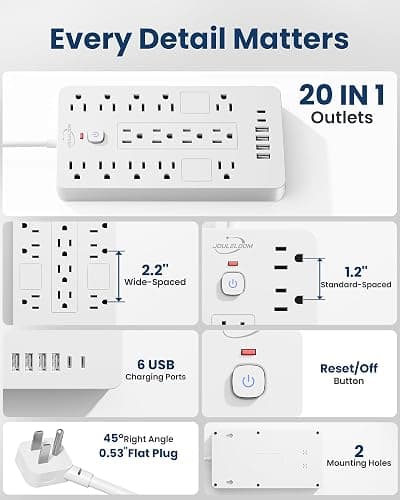 JouleLoom Surge Protector Power Strip-14 Outlets and 6 USB Ports, 6 Feet Flat Plug Extension Cord, 1850 Joules, White, ETL Listed for Home, Office, Dorm Room thumbnail 7
