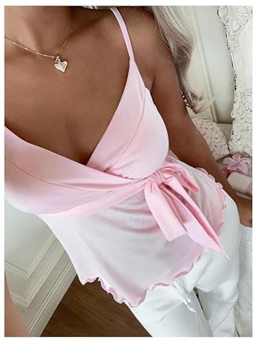 SOLY HUX Women's Babydoll Tops Sleeveless V Neck Peplum Crop Wrap Top Cute Summer Tie Front Camisole thumbnail 2