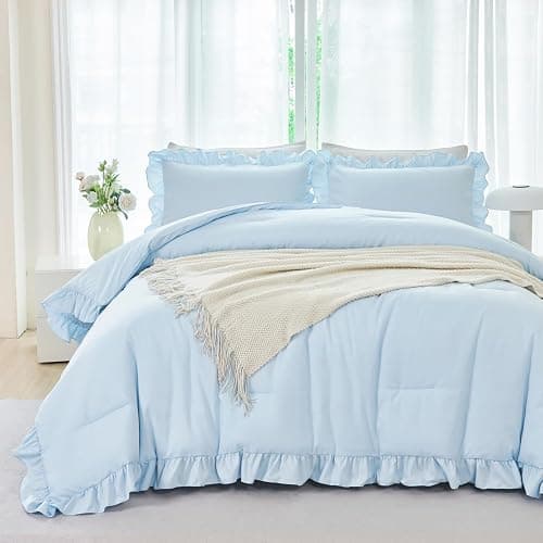 ANGIYUIN Light Blue Ruffle Girls Comforter Set Twin Size 5 Pieces Ruffled Farmhouse Bed in A Bag Solid Boho Bedding Comforter Sets Soft Fluffy Bed Sets for Kids Girl(Light Blue Twin) thumbnail 2