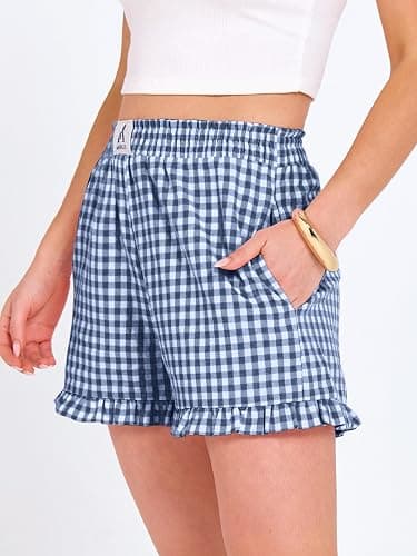 ANRABESS Boxer Shorts for Women,Gingham Plaid Elastic Waist Ruffle,Perfect for Lounge,Pajama&Sleep,Cute Casual Summer Bottoms thumbnail 3