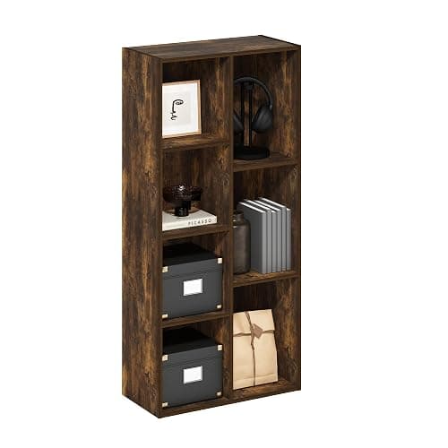 Furinno LUDER Book Shelf, 7-Cube Bookshelf, Bookcase, 9.4" x 19.5" x 41.7", for Living Room, Bedroom, Home Office, Amber Pine - Image 1