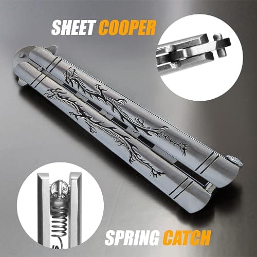 VORNNEX Practice Butterfly knife Trainer with Sure Spring Latch, Full Stainless Steel Black Dull Balisong, Unsharpened Butterfly knives Comb for CSGO Training(Silver) thumbnail 8