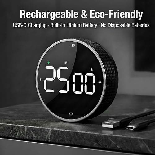 TLTWHS Rechargeable Magnetic Kitchen Timer, LED Countdown/Count-Up Timer, Supports USB-C Charging, with Loud Alarm, 3 Preset Quick Times (5/15/25m), Perfect for Kitchen Cooking, Studying, and Fitness thumbnail 2