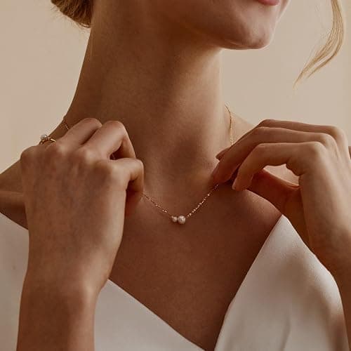 Treasure Bender Gold Pearl Necklaces for Women Trendy 14k Gold Plated Dainty Necklace Simple Pearl Drop Single Charm Pendant Necklace Women's Jewelry Best Friend Birthday Gifts Gold Jewelry for Women thumbnail 2