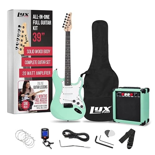 LyxPro 39 inch Electric Guitar Kit Bundle with 20w Amplifier, All Accessories, Digital Clip On Tuner, Six Strings, Two Picks, Tremolo Bar, Shoulder Strap, Case Bag Starter kit Full Size - Green - Image 1