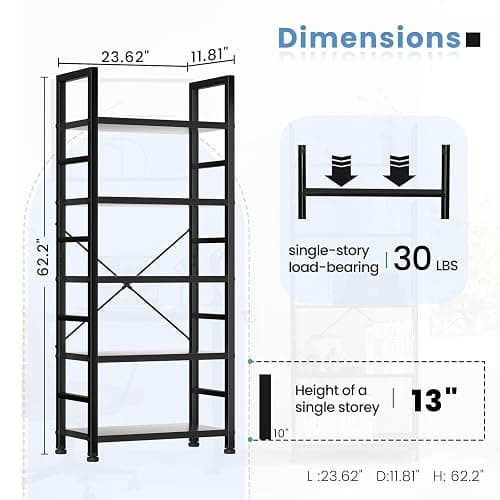 DUMOS 5 Tiers Bookshelf, Classical Book Shelf, Tall Display Shelves in Living Room/Home/Office, Storage Organizer for CDs/Books/Movies, Modern Black thumbnail 2