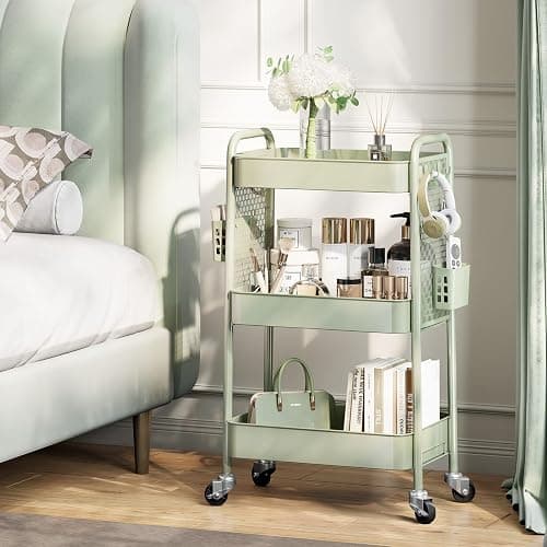 TOOLF 3 Tier Rolling Cart Storage Organizer, Metal Rolling Utility Cart with Wheels, Hooks & Bins Esthetician Craft Art Sturdy Storage with Pegboard for Bathroom, Kitchen, Office, Nursery Diaper thumbnail 7