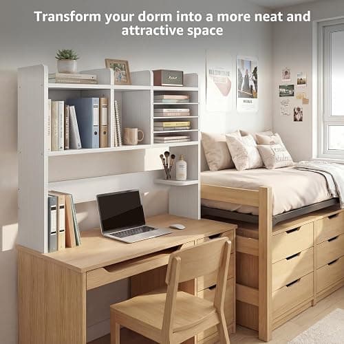 NUTIKAS Desktop Bookshelf for Computer Desk - 36" Desk Hutch Organizer with 4-Tier Paper Tray, Tabletop Storage Rack for College Dorm Room Essentials, Home Office Shelving, White thumbnail 5