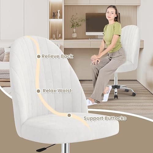naspaluro Small Swivel Makeup Vanity Chair, Velvet Dressing Table Chairs, White Comfy Desk Chairs for Bedroom/Home Office, Armless Cross Legged Office Chairs with Wheels, Spinning Salon Study Stool thumbnail 5