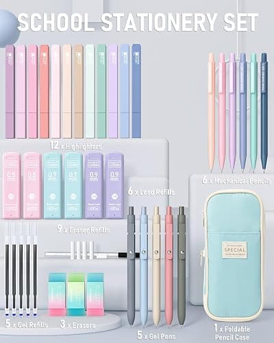 Four Candies 39 PCS Aesthetic School Supplies with Cute Pen Case, 12 Pastel Highlighters, 5 Black Ink Gel Pens, 6 Mechanical Pencils Set 0.5 & 0.7mm for Students Stationary College Essentials (Blue) thumbnail 6