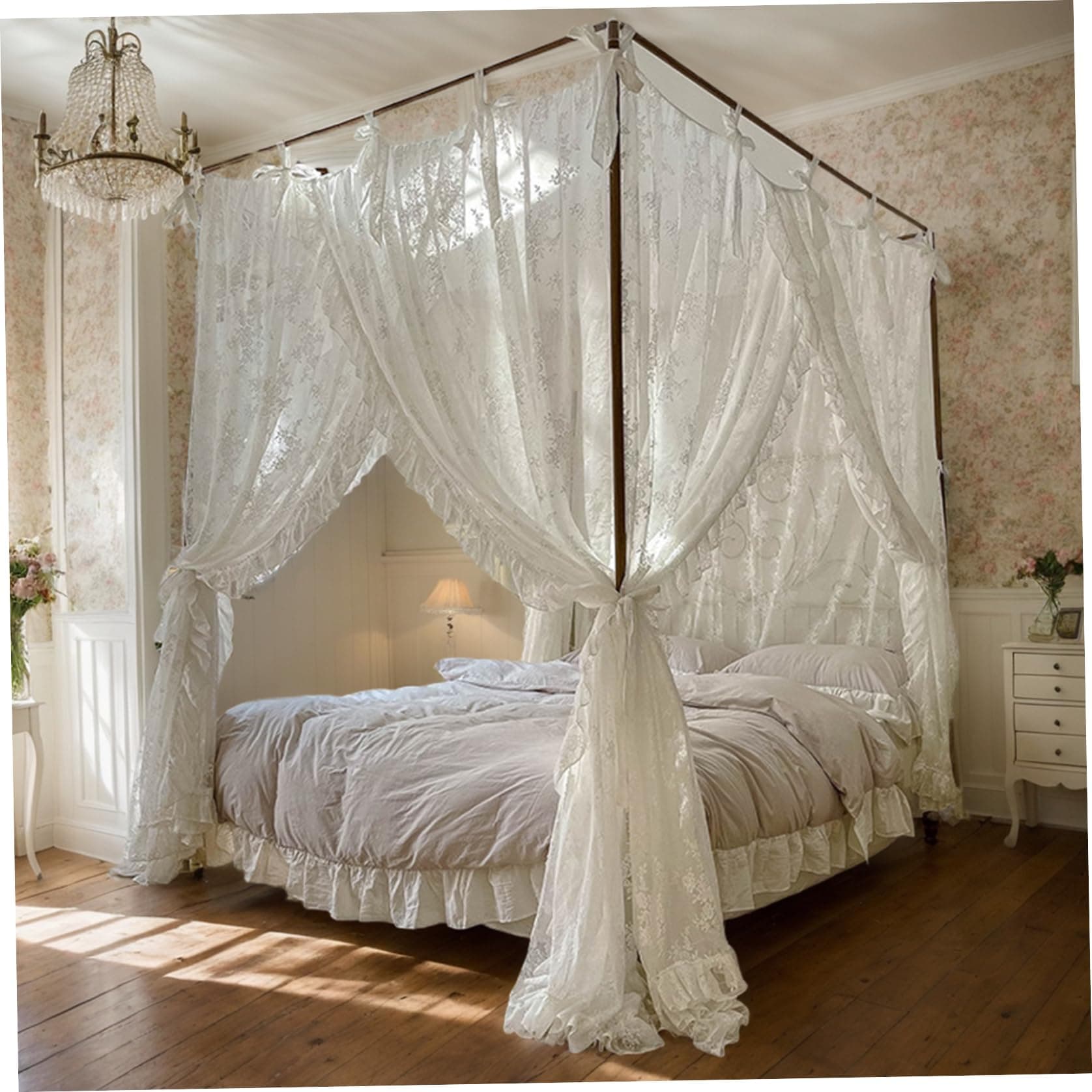 Canopy Bed Curtains Three-Opening Lace Princess Bed Canopy 4 Corner Post Hanging Curtains with Ties Fit 4.92ft thumbnail 4