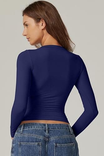 QINSEN Womens Crewneck Long Sleeve Shirt Double Lined Basic Tees Side Ruched Going Out Crop Tops thumbnail 2