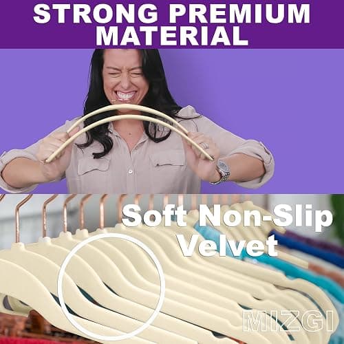 MIZGI Premium Velvet Hangers (50 Pack) Heavy Duty - Non Slip Felt Hangers - Velvet Suit Hanger Ivory - Rose Gold Hooks,Space Saving Clothes Hanger thumbnail 3