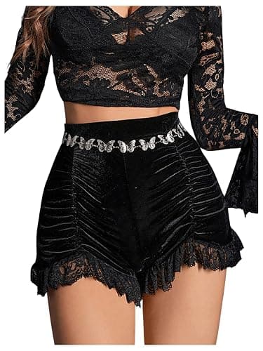 WDIRARA Women's Velvet Contrast Lace Ruched High Waist Gothic Shorts - Image 1