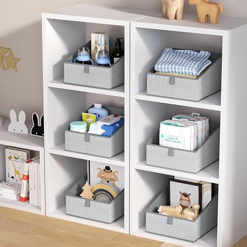 DIMJ Closet Storage Bins 6 Pack - Fabric Storage Baskets for Shelves, Collapsible Clothes Organizer, Trapezoid Shelf Organization Storage Cubes for Purse, Toys, Books, Towel, Clothes, Gray thumbnail 4