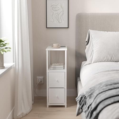 TUTOTAK Small Narrow End Table with Charging Station, Set of 2, Side Table with Outlets, Nightstand with 2 Cloth Drawers, Couch Table, for Living Room, Bedroom, Bedside, White TB01BW055 thumbnail 7
