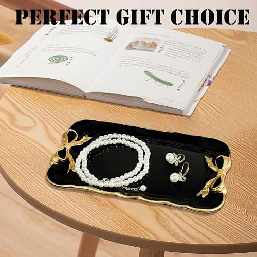 Vintage Decorative Tray Jewelry Tray Towel Tray Storage Tray Rings Necklace Bracelets Earrings Trays Cosmetics Jewelry Organizer Retro Design Bow Decor Resin Plate Coquette Room Decor (Black) thumbnail 8