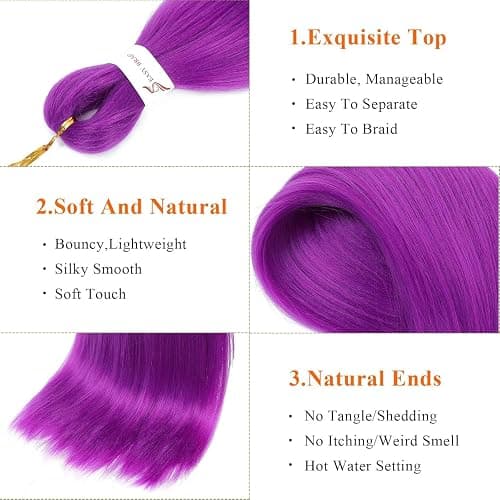 Purple Braiding Hair 24 Inch 3 Packs Braiding Hair Pre Stretched Colored Hair Extensions for Twist or Box Braids Hot Water Setting Soft Yaki Texture Long Synthetic Crochet Braids(24Inch, Purple) thumbnail 3