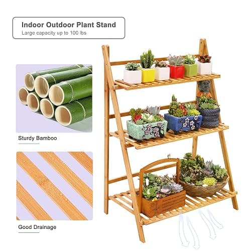 Ufine Bamboo Ladder Plant Stand 3 Tier Foldable Flower Pot Display Shelf Rack for Indoor Outdoor Home Patio Lawn Garden Balcony Organizer Planter Holder thumbnail 5