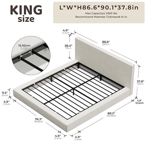 RECCI Cloud Upholstered King Bed Frame with Headboard, 5 Inch Foam Padded Platform, No Box Spring, Easy Assembly (Cream) thumbnail 2
