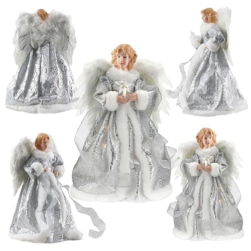 Bigking Angel Christmas Tree Topper, 12 Inches Tall, White Feather Wings and Led Lights. Christmas Tree Angel Ornament, for Home, Holiday Parties, Weddings, Christmas Celebrations. thumbnail 5