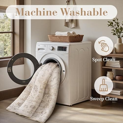 Resare 5x7 Area Rug, Washable Rugs for Living Room, Beige Rug for Bedroom Non Slip Vintage Floral Carpet for Dining Room Playroom Office thumbnail 4
