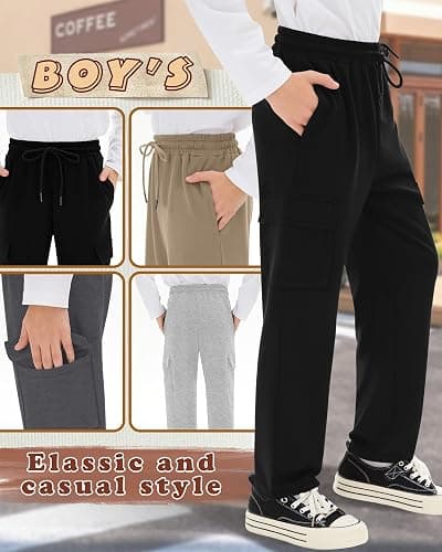LessonZoo 4 Pack Boys' Cargo Sweatpants Elastic Drawstring Open Bottom Active Pants Casual Workout Joggers with 4 Pockets thumbnail 4