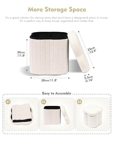 B FSOBEIIALEO Ottoman Cube Storage, Flowers Shaped Ottoman with Storage Teddy Ottomans Foot Stool Footrest for Lving Room, Boucle Stool Ottoman Seat for Dorm Room, White 12.6"x12.6"x12.6" thumbnail 3