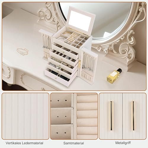 Dajasan Boite a Bijoux Femme, Grande Boite à Bijoux avec 5 Tiroirs, Boîte à Bijoux avec Double Ouverture pour Coiffeuse, Cuir Grain Vertical, Idée Cadeau pour Femme, Fille (Beige) thumbnail 5