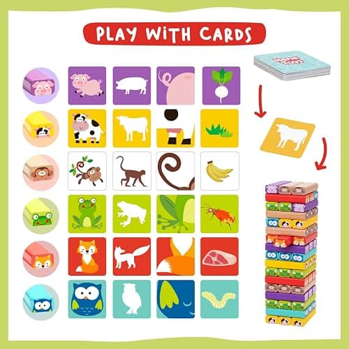 Nene Toys Wooden Tumble Tower Game with Animals & Colors, 4-in-1 Educational Family Board Game for Kids Ages 3-9, Creativity & Cognitive Skills Booster - Gift for Boys Girls 3+ Years thumbnail 4
