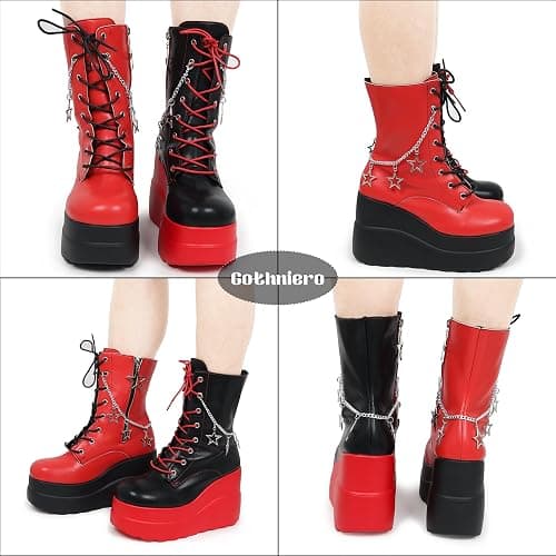 Gothniero Platform Goth Ankle Boots for Womem Black Holographic Combat Chunky Heel Boots with Side Zip Lace Up Wedge Booties US5.5-11 thumbnail 5
