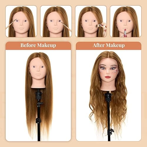 Mannequin Head with 60% Real Human Hair, 28 Inch Make up Cosmetology Manikin Practice Head with Hair,Braiding Hairdressing Doll Head for Hair Styling with Table Clamp + DIY Hair Styling Set - Blonde#27 thumbnail 3