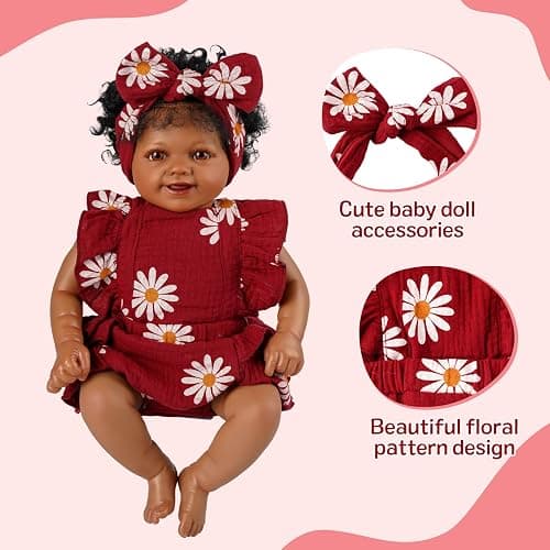 BABESIDE 2 Pcs Reborn Baby Doll Clothes for 17-22 Inch Dolls, Baby Doll Outfit Accessories with Floral Pattern fit Realistic Babydolls Girl Boy, Wine Red thumbnail 3