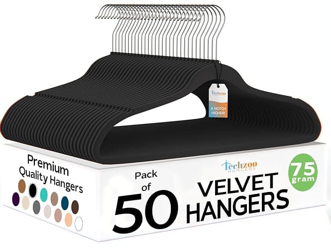 Techzoo 50 Pack New Premium Quality Velvet Hangers Ultra Thin Non Slip Adult Felt Space Saving Hangers for Closet Heavy Duty Coat Pants Jackets Dress Hangers 360° Swivel Hook Hold Upto 10 lbs Black - Image 1