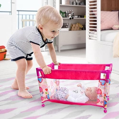 BABESIDE Baby Doll Crib for 18 Inch Dolls, Baby Doll Bed with Cute Pink Heart Storage Bag Accessories, Toy Crib Doll Furniture Gift for Girls Age 3+ thumbnail 3