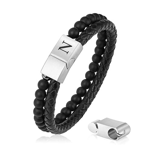 LUXEJEW Gifts for Men - Mens Bracelet, Beaded Leather Initial Bracelet 6mm Matte Agate Stone Handmade Bracelets Adjustable Stainless Steel Magnetic Clasp Mens Jewelry Gifts - Image 1