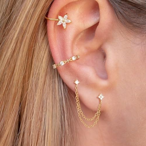 Freekiss Gold Chain Studs Earrings for Women Trendy: Hypoallergenic 14K Gold Plated Dangle Earrings Dainty Small Long Chain Earring Set Fashion Gold Jewelry for Women thumbnail 5