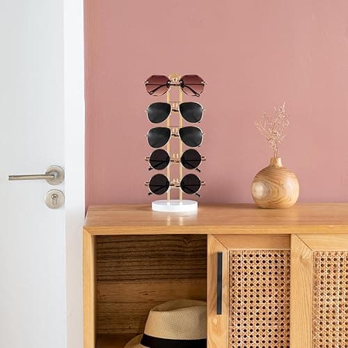 Mkono Sunglasses Organizer Glasses Holder Stand Sunglass Storage Eyeglasses Rack Metal Frame with Wood Base for 5 Pairs of Eyewear Display for Table Desk Countertop Dresser Bedroom, Set of 1, Gold - 1 - Gold thumbnail 2