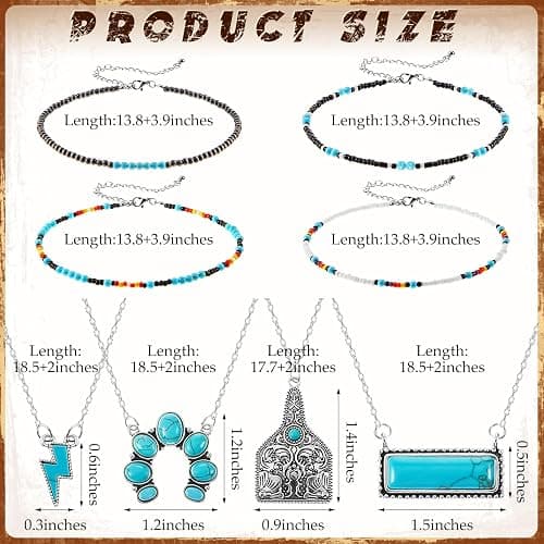 Huquary 8 Pcs Western Necklaces Western Jewelry for Women Turquoise 4 Turquoise Boho Necklaces and 4 Beaded Choker for Christmas thumbnail 2
