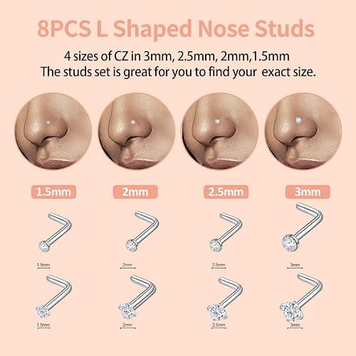 Surgical Steel Nose Piercing Jewelry - 20G & 18G Nose Rings & Studs, Hoops 8mm-12mm, CZ Diamond 1.5mm-3mm, L-Shaped & Hoop Styles for Women & Men thumbnail 3
