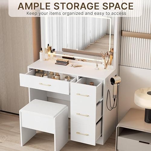 Vanity Desk with LED Mirror, 4 Drawers, and Blow Dryer Rack – White Makeup Vanity with Smart Lighting, Comfortable Stool, and Plug Socket | Vanity Desk with Storage, Makeup Vanity with Drawers thumbnail 5