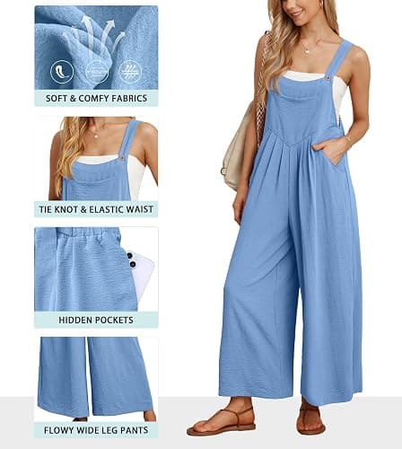 IWOLLENCE Women's Summer Jumpsuits Boho Wide Leg Overalls Casual Loose Rompers with Pockets 2025 thumbnail 2