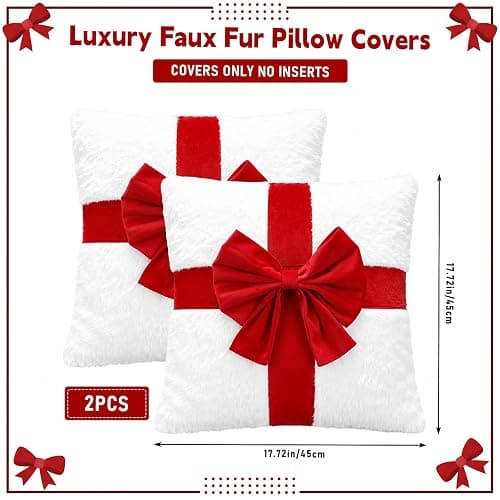 Meanplan 2 Pcs Christmas Red Bow Throw Pillow Covers 18x18 Inch Xmas Decor | Soft Fluffy Plush Throw White Pillowcases with Red Velvet Bow, Faux Fur Xmas Gifts for Couch Holiday Sofa Cushion Decoration thumbnail 2