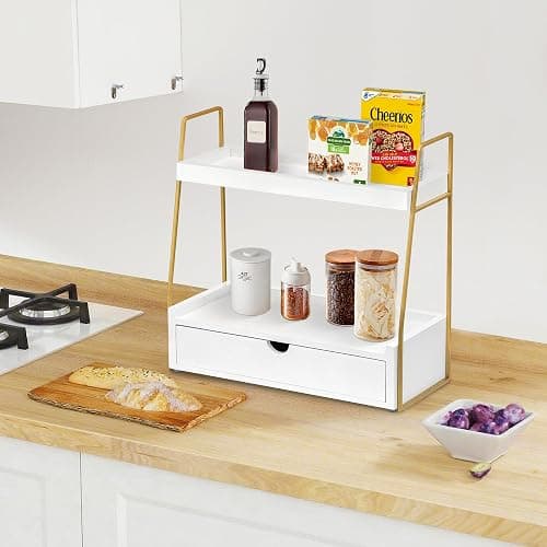 2-Tier Bathroom Organizer Countertop with Drawer, Wood Counter Organizer for Bathroom Decor, Sink Shelf for Vanity Storage, Makeup Tray for Perfume Skincare, Spice Rack Bedroom Kitchen Corner thumbnail 3