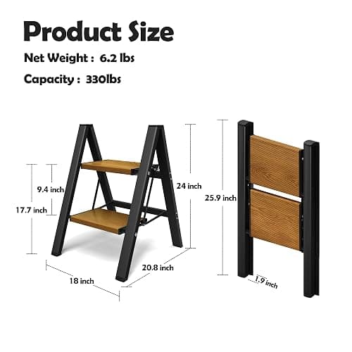 Taranta 2 Step Ladder,Aluminum Lightweight Folding 2 Step Stool with Anti-Slip Wide Pedal, 330lbs Capacity Step Ladder for Household,Kitchen,Office - BlackWoodgrain - Black&woodgrain - 2 Step thumbnail 2