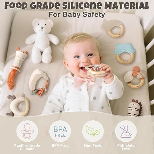 Baby Rattles & Teethers Set – Baby Toys 0-6 Months, Teething Toys 3-6 Months, Sensory Toys with Soft Textures, Gentle Sounds & Easy-Grip Shape, Neutral Newborn Gift（10-Pack） thumbnail 5